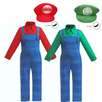 Verkleidung Jungenkostüm Super Bros Bruder Zwillinge Kleidung Kinderkostüm mit Hut und Schnurrbart Image