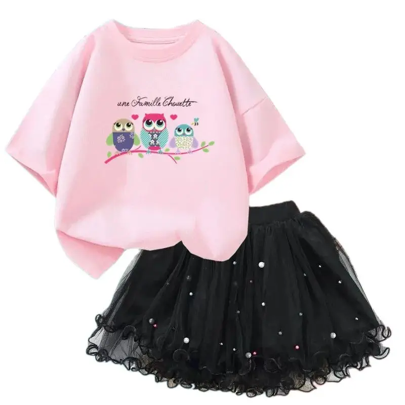 Sommer-Kinderkleidungsset für Mädchen – süßes Cartoon-Eulen-Kurzarm-T-Shirt mit Tutu-Rock im Prinzessin-Stil, Kawaii-Baby-Outfit Image
