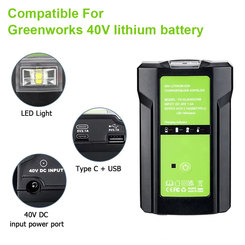 Für GreenWorks 40V Lithium-ionen Batterie Ladegerät Adapter Tragbare Netzteil Mit USB 3W Arbeit Licht Für GLB 29472/29482/29462 Image