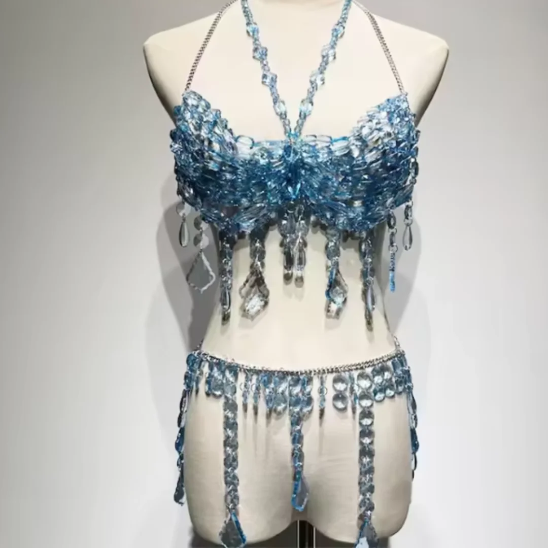 Blauer Perlen-Bikini, Rave-Körper, Party, Braut, Hochzeit, Accessoires, Fransenkette, Meerjungfrau, BH-Oberteil, Strandmode, Dessous, Geschirr, Bralette Image