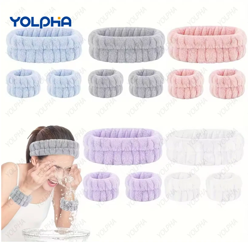 Sport-Stirnband-Armband-Set für Damen, weich, flauschig, verstellbar, elastisch, für Fitness, Yoga, Fitnessstudio, Hautpflege, Make-up, Gesichtswäsche, Spa, Schweißbänder Image