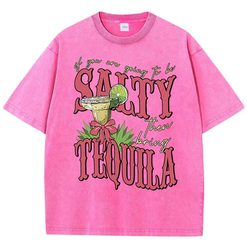 Salty Tequila Lemon Prints Frauen gewaschenes T-Shirt trendige Crewneck T-Shirts Hip Hop Casual Kleidung Baumwolle Frau Kurzarm