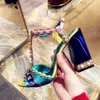 Vintage Nieten T Strap Frauen Chunky Heels Sandalen Blau Rosa Patchwork Leder Nieten Kleid Schuhe