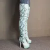 LAIGZEM Frauen Oberschenkel Hohe Stiefel Faux Schlange Leder Stiletto Heels Seite Zip Stiefel Schritt Schuhe Botines Mujer Große Größe 39 41 52