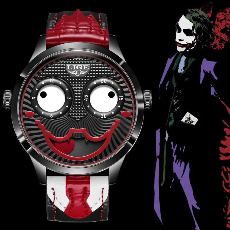 LIGE Kreative Joker Männer Uhr Lustige Krawatte Lederband Quarz Mann Armbanduhr Mond Phase Uhr Männer Persönlichkeit Clown Gesicht Uhr