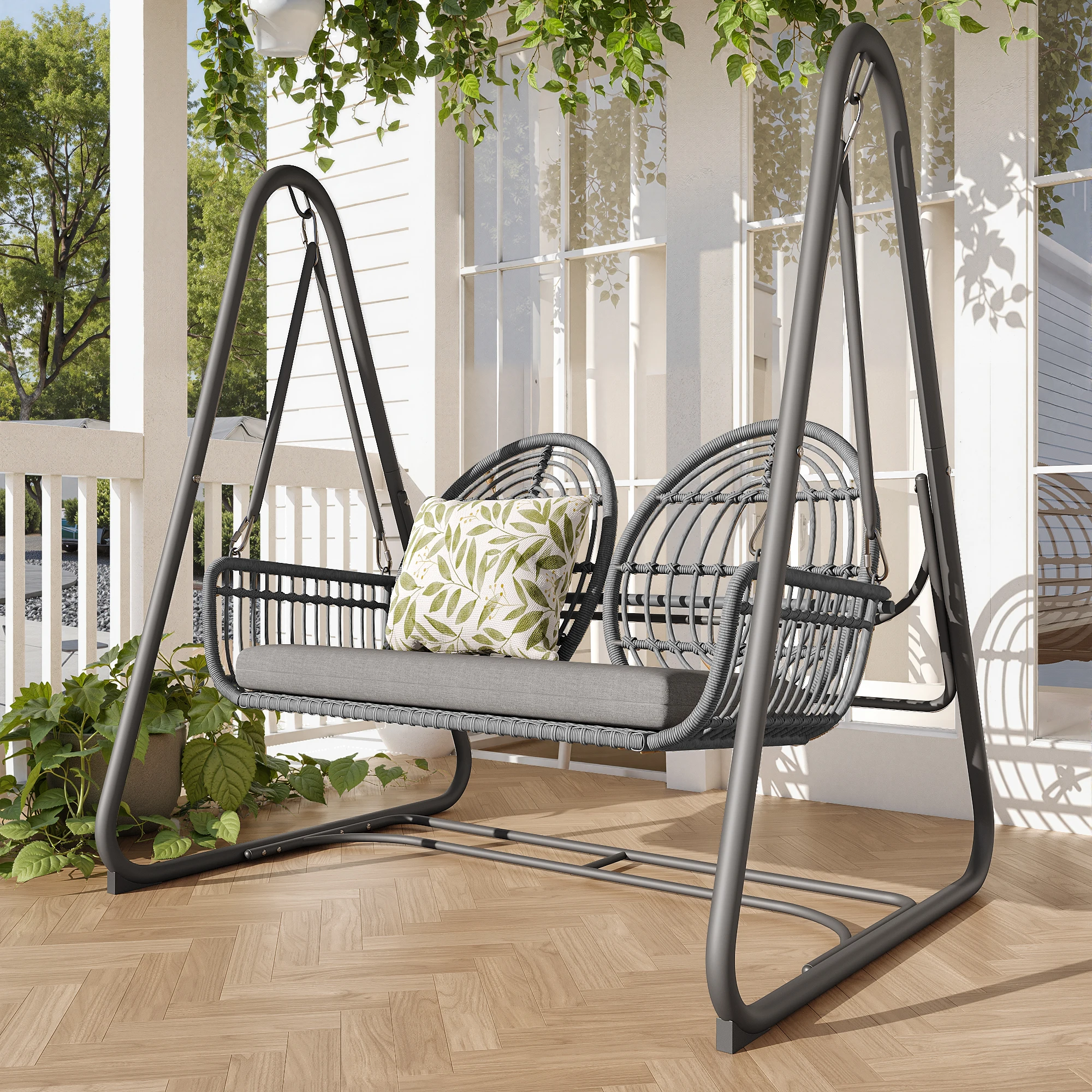 Garden Swing 2 Seats, Hollywood Swing with Backrest, Outdoor furniture PE Rattan, 2 People Swing for Porch Garden with Cushion