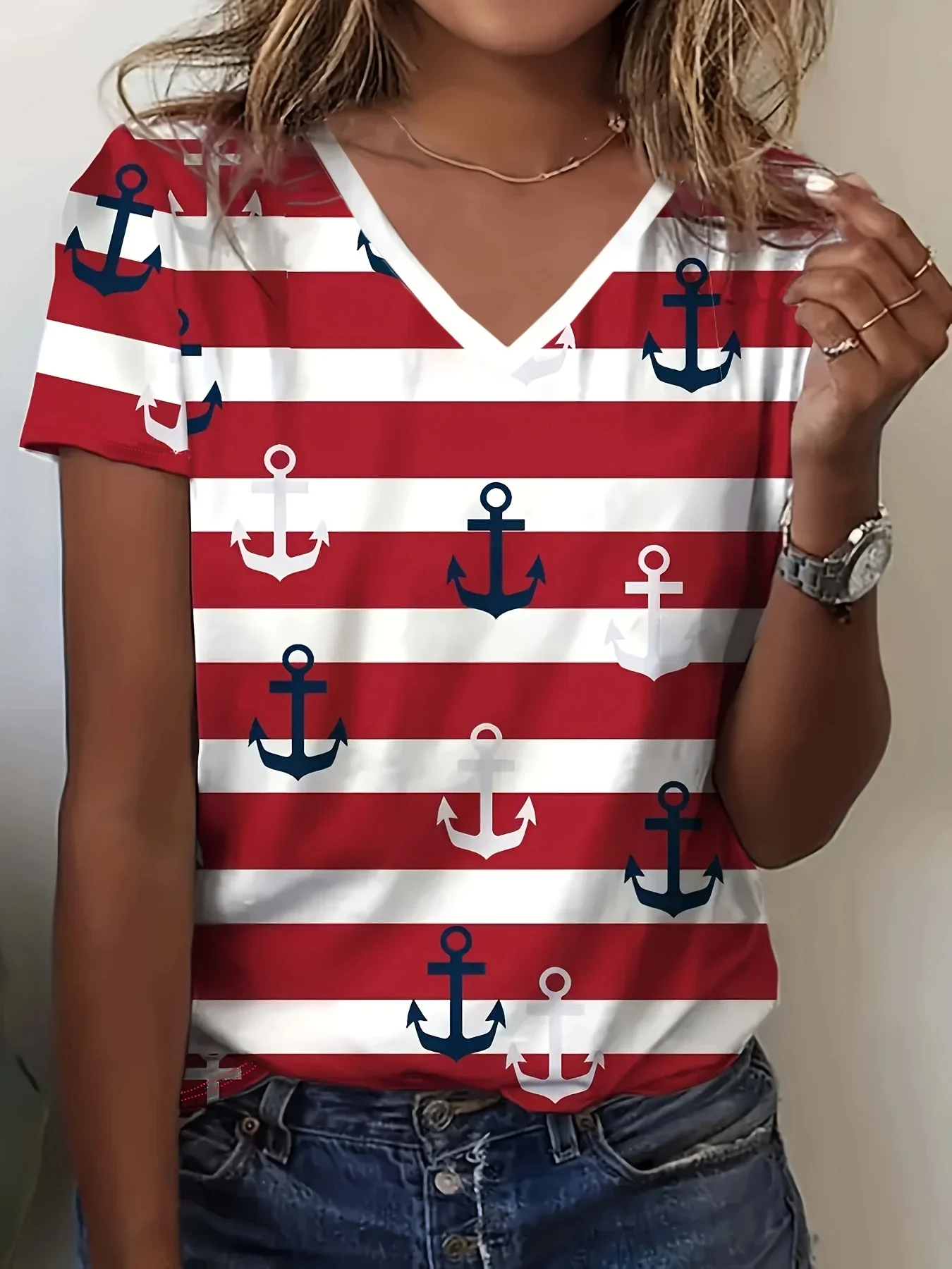 Retro Mode Frauen Casual Gedruckt T-shirt V-ausschnitt Kurzarm Casual Streetwear Frauen Sommer Schnell Trocknend und Bequem Image