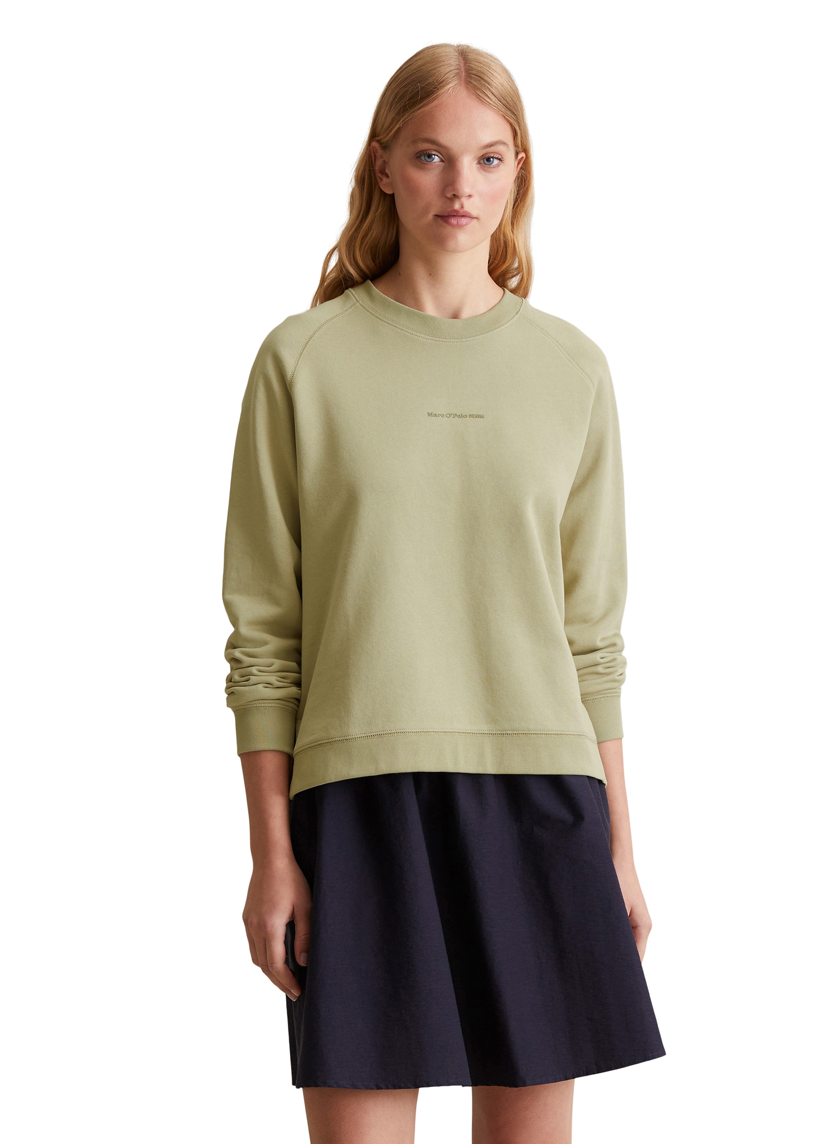 Sweatshirt MARC O'POLO DENIM, Damen, Gr. S, grün (elm grün), Sweatware, Obermaterial: 100% Baumwolle, relaxed fit hüftlang, Rundhals, Rippbündchen, Sweatshirts Sweatshirt, Rückenteil dezent länger, kleine Seitenschlitze, relaxed fit