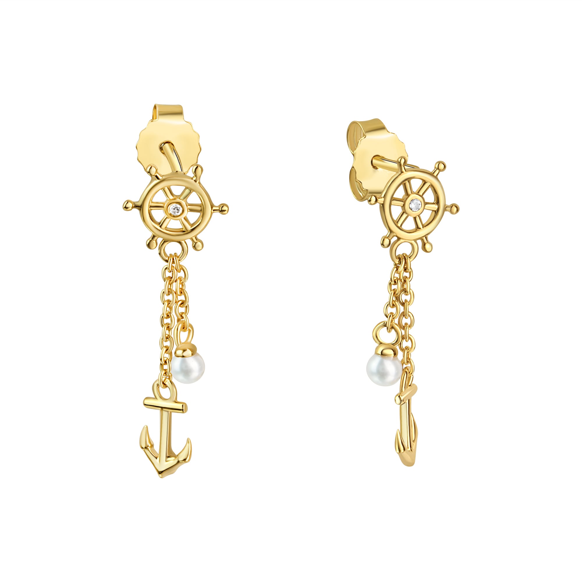 Paar Ohrhänger VIVANCE "925/- Sterling Silber vergoldet Anker und Rad mit Zirkonia", gelb (gelb, weiß), Ohrringe, Damen, one-size, Silber 925 (Sterlingsilber)