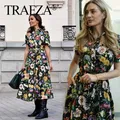 TRAFZA – robe mi-longue élégante pour femmes, mode, imprimé Floral vert, ligne a, Texture popeline, manches courtes, mode été 2025