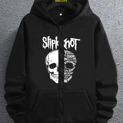 TEMU 1pc Men's Casual Skull Print Hoodie, Geometric Pattern, Full Zip, Polyester Knit Fabric, Long Sleeve, Regular Fit, All Image