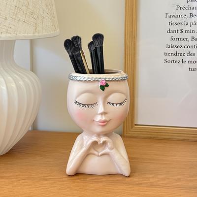 TEMU 1pc Female Bust Storage Organizer With Floral Accents - Ideal For Makeup Brushes, Cosmetics & Bathroom Accessories | Elegant White & For Vanity Display, Vanity Accessories Image