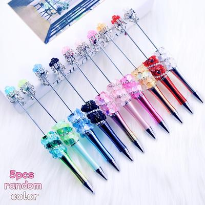 TEMU 5/2pcs Popular Luxury Uv Glitter Gradient Beaded Round Ballpoint Pen Random Hair Diy Pen Material Kit With Stick-on Flowers Gift Box For Festive Birthday Image