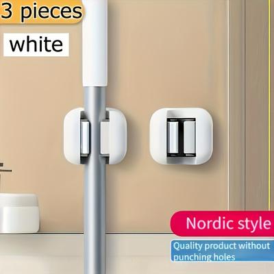TEMU 3pcs Wall-mounted Mop And Broom Holder, Self-adhesive Tool Organizer Clips With No Drilling Required For Home, Kitchen, Bathroom - White Plastic, Utility Hooks