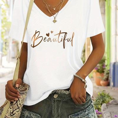 "TEMU Women's Casual V-neck Short Sleeve T-shirt - Gradient Golden "beautiful" & Heart Print, Breathable Machine-washable Top For Spring Summer Casual Attire, Versatile Allseasons, Elegant Design" Image