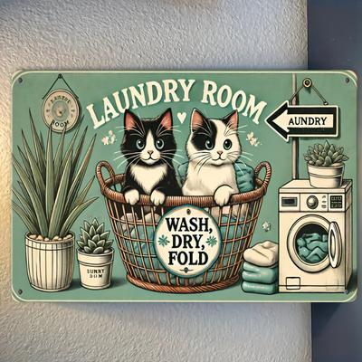 TEMU Room Metal Wall Art With Cats & Washing - 8x12 Inch (20x30cm) Decor For Indoor Spaces, For Man Cave, Garage, Bar - Hook & Adhesive Mounting Options, Laundry Room Accessories, 2d Flat, Room Decor Image