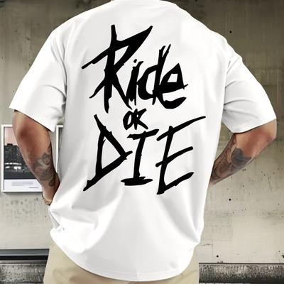 "TEMU Men's Casual Crew Neck T-shirt With "ride " Graphic Print, Lightweight Summer Tee, Black, , Regular Fit, Breathable Polyester Fabric, Summer Wea" Image