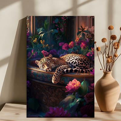 TEMU 1pc Unframed Canvas Art - Leopard In Floral Bathtub, Vibrant Abstract Wall Decor For Living Room, Office, , Perfect Gift For Birthdays & Holidays, Wooden Frame, Reusable , Cute Room Decor Image