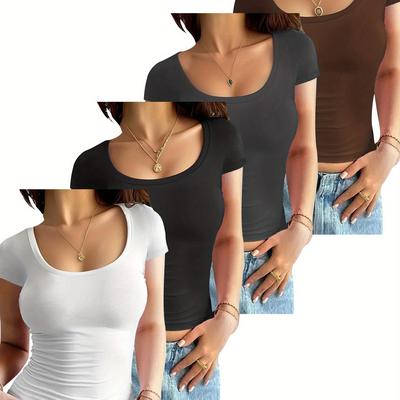 TEMU 4pcs Women's Slim Fit Short Sleeve T-shirts - Solid Color, Casual Summer Tops, Machine Washable, White/black/brown, Casual Attire | Slim Fit Tee | Smooth Texture, Short Sleeve Blouse Image