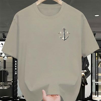 TEMU Men's Navy Blue Casual T-shirt With Nautical Anchor & Lighthouse Print - Short Sleeve, Round Neck, 100% Polyester, Machine Washable Summer Tee, Cruise T Shirts Image