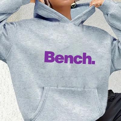 "TEMU Women's Casual "bench" Print Hoodie With Kangaroo Pocket - Soft, Breathable, Pullover Sweatshirt In Gray, Drawstring Hood, Machine Washable, Casual Sportswear | Hooded Pullover | , Sweater" Image