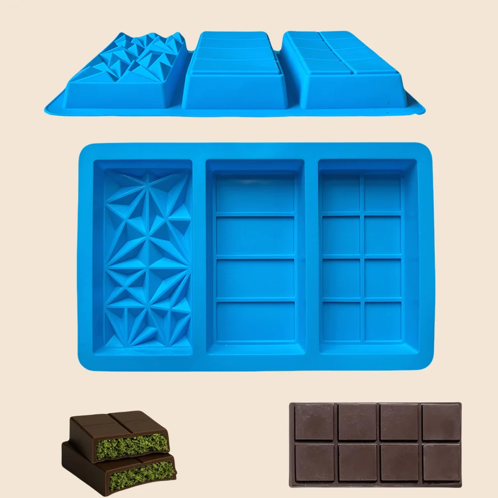 1 Stück 3-Loch große rechteckige Schokolade Energieriegel Silikonform 3D Kuchen, mehrschichtige Kekse, Kuchendekoration Backutensilien Image