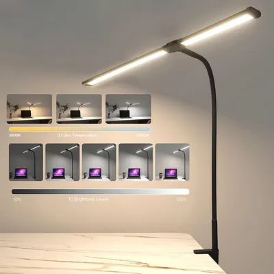 Double Head Desk Lamp 3 Colors Stepless Dimming LED Desk Lamps for Home Office Adjustable Memory Desk Light with Clamp Control