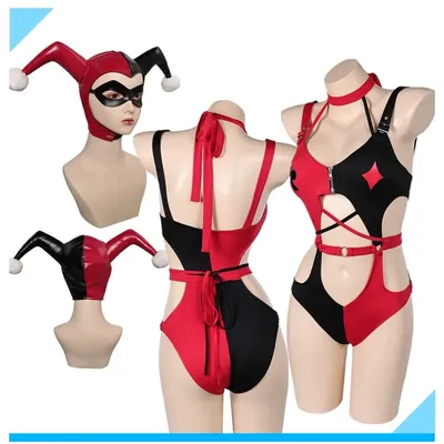 Fantasia Quinzel Cosplay Dessous Kostüm Frauen Badeanzug Bikini Overall Clown Hut Augenmaske Outfits Image