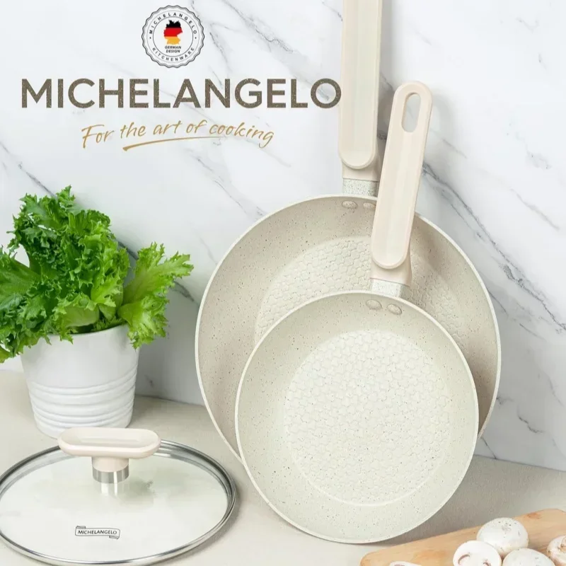 MICHELANGELO Antihaft-Bratpfanne, Kochgeschirr mit Glasdeckel, Pfanne, Spiegelei, Herd, Induktions-Wok, Kochtopf, Küchenzubehör Image