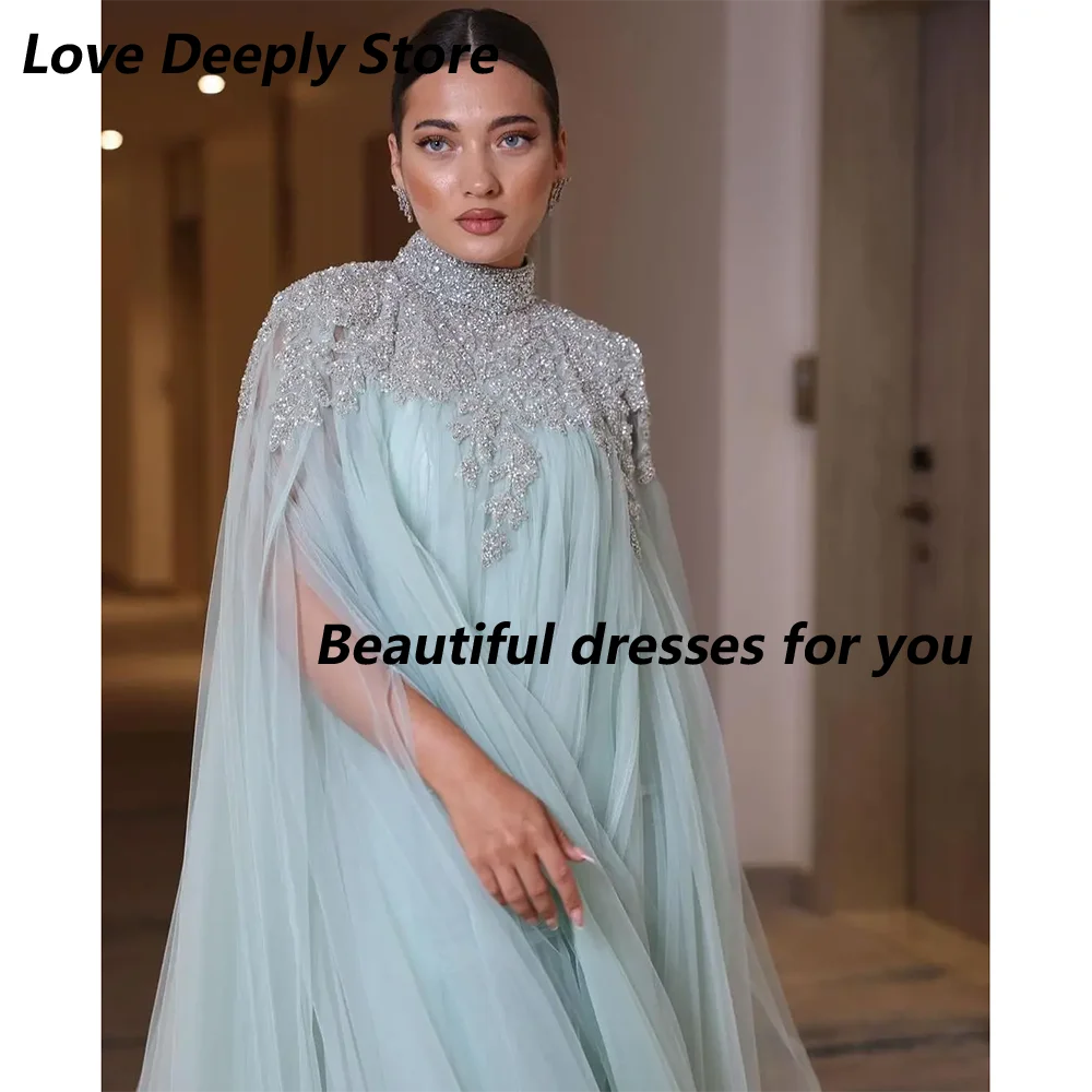 Customized High Neck Beadings Sequins Evening Dresses Long Sleeves Pleated Floor Length Prom Dresses Formal Party Dresses