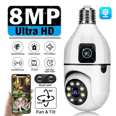 8MP E27 Bulb WIFI Camera 8X Zoom Dual Lens Indoor Surveillance Human Tracking Full Color Night Vision CCTV Indoor Video Camera