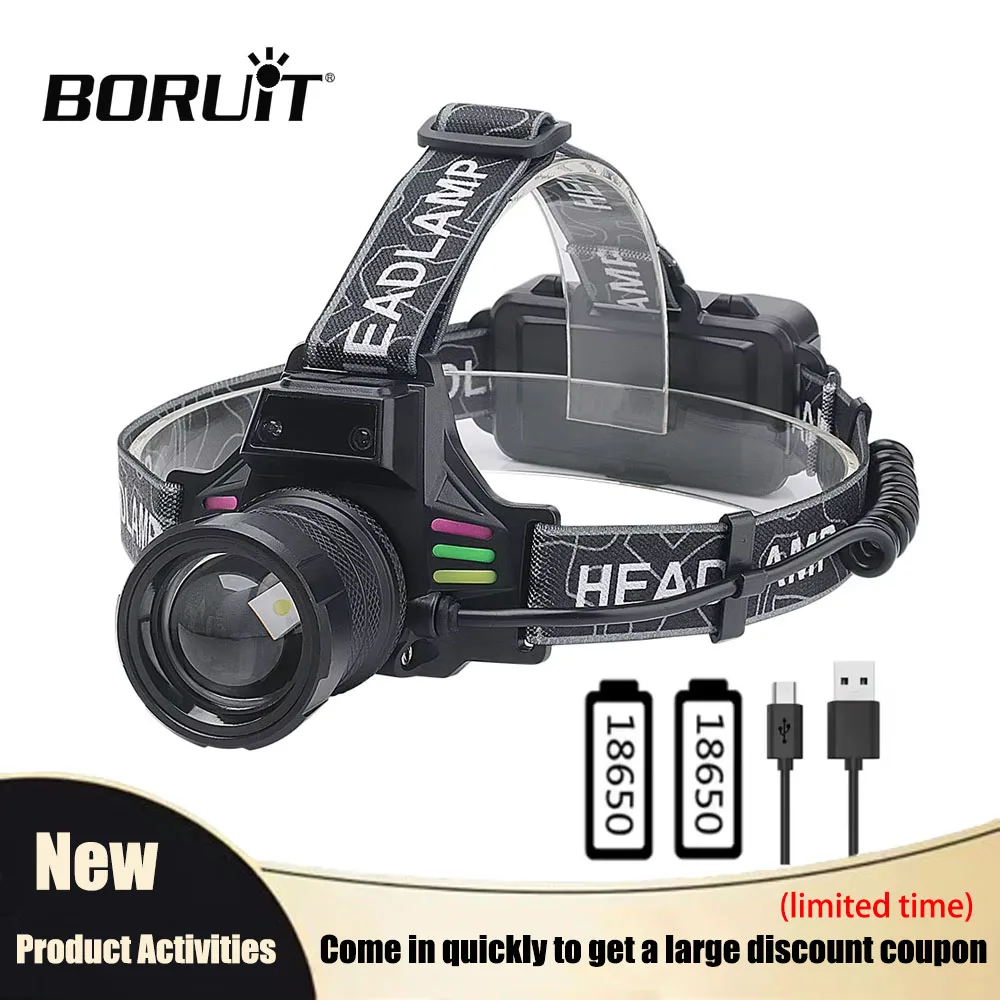 BORUiT Zoombare LED-Stirnlampe mit Bewegungssensor Typ C, wiederaufladbare, wasserdichte Stirnlampe für Outdoor-Camping und Angeln Image