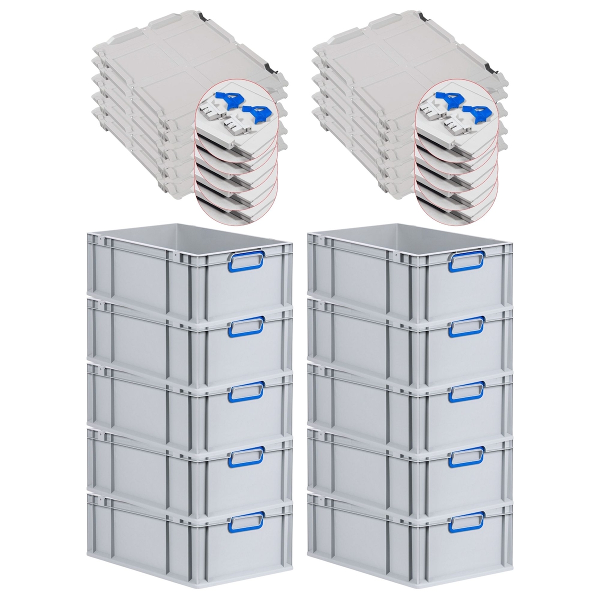 PROREGAL 10x Eurobox NextGen Color mit Scharnierdeckel & Verschlüssen | HxBxT 22x40x60cm | 44 Liter | Griffe blau geschlossen | Verstärkter Boden Image