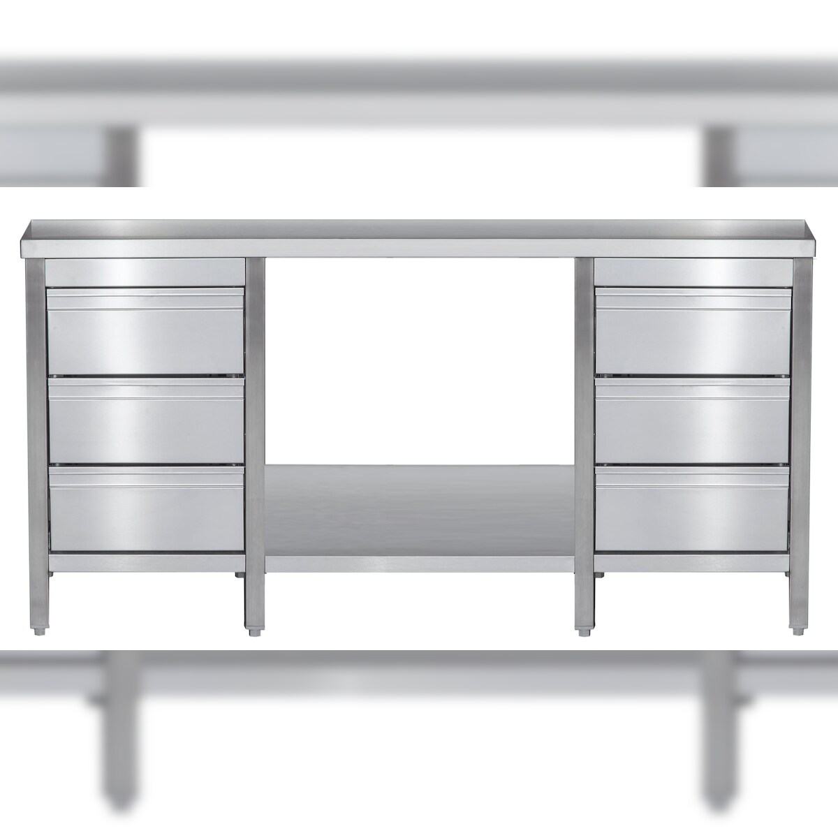 A&S Gastro Edelstahl Arbeitstisch mit Schubladenblock links & rechts verschweißt Bautiefe 600mm mit Grundboden AISI 304 Image