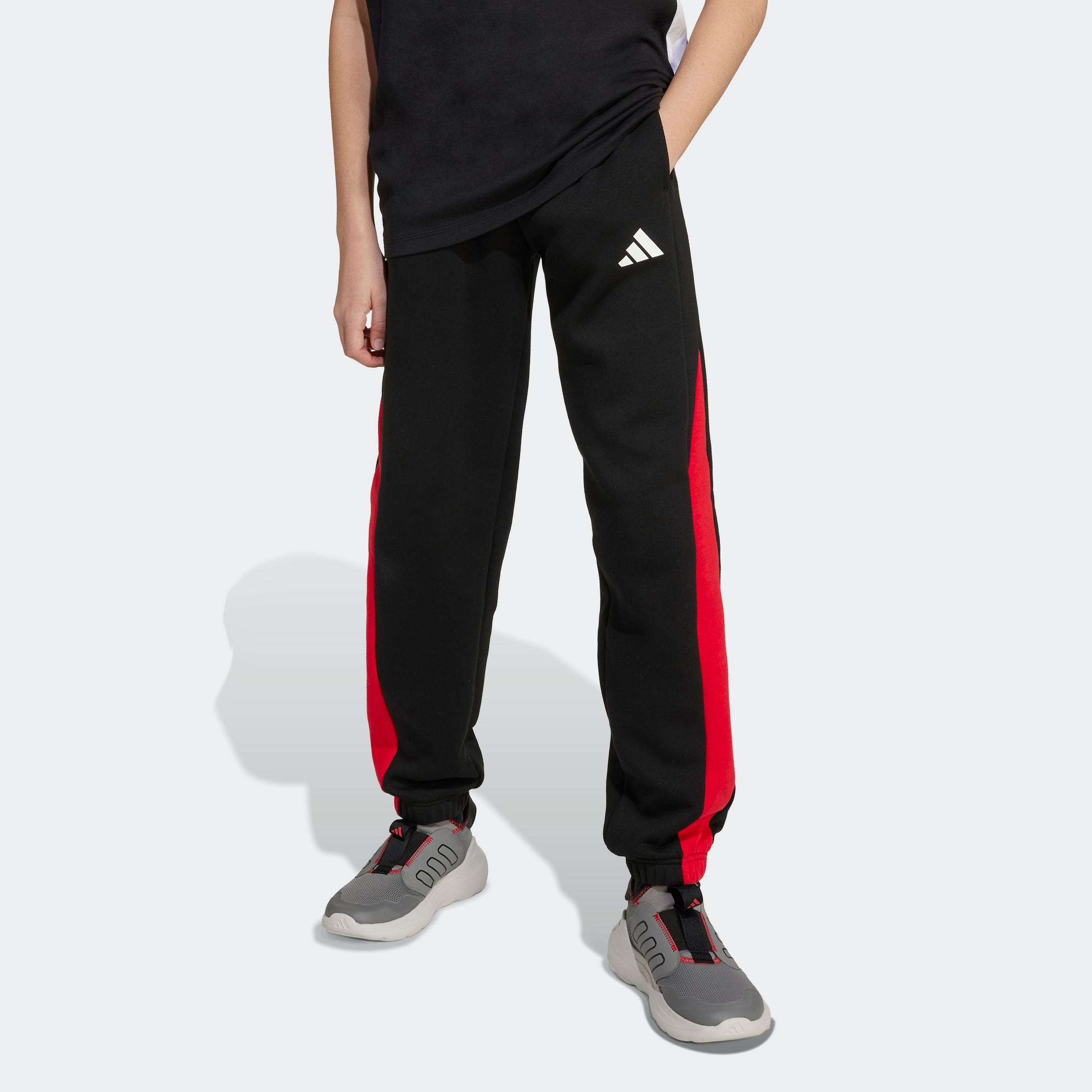 Sporthose ADIDAS SPORTSWEAR "J CB FL PT", Kinder, Gr. 128, N-Gr, weiß (schwarz, pure ruby, weiß), Obermaterial: 55% Baumwolle, 36% Polyester, 9% Viskose, Hosen Image