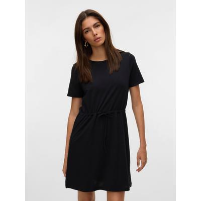 Shirtkleid VERO MODA "VMLUNA SS SHORT STRING DRESS JRS NOOS", Damen, Gr. S (36), N-Gr, schwarz, Jersey, Obermaterial: 50% Baumwolle, 50% Polyester, unifarben, modisch, regular fit kurz, Rundhals, Kurzarm, Kleider Image