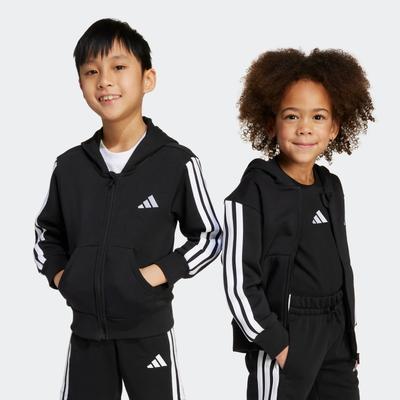 Sweatjacke ADIDAS SPORTSWEAR "LK 3S FL FZ HD", Kinder, Gr. 122, schwarz-weiß (schwarz, weiß), Obermaterial: 70% Baumwolle, 30% Polyester, Sweatjacken Image