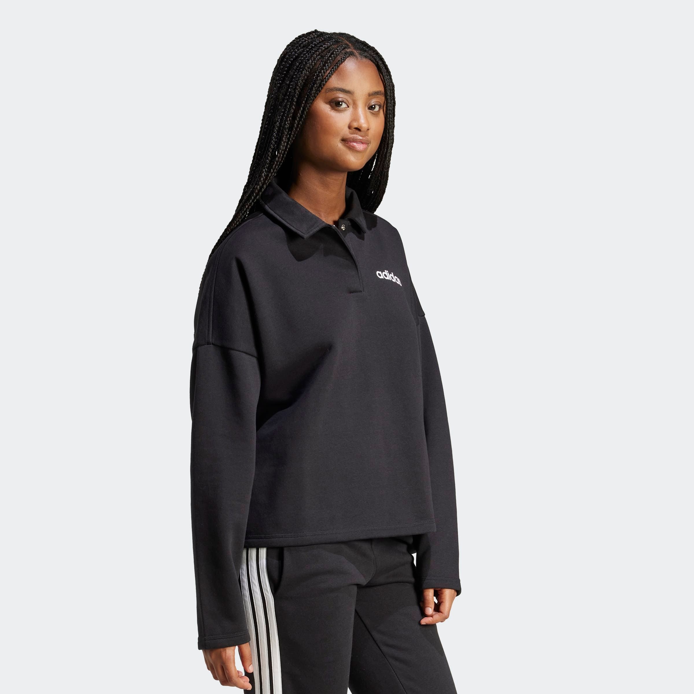 Sweatshirt ADIDAS SPORTSWEAR "W LIN FL POLO", Damen, Gr. M, schwarz-weiß (schwarz, weiß), Obermaterial: 55% Baumwolle, 36% Polyester, 9% Viskose, angesetztes Bündchen, Sweatshirts Sweatshirt, mit Knopfleiste, aus Baumwolle, Polyester und Viskose