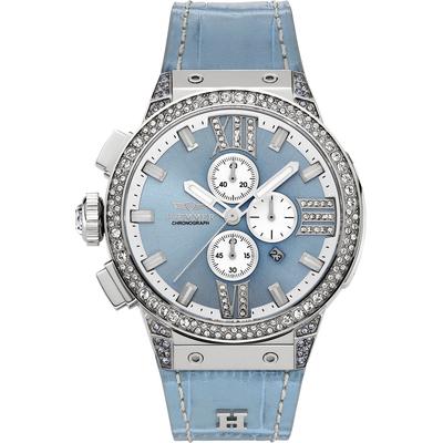 Chronograph HAEMMER GERMANY "EMINENT", blau (hellblau, silberfarben), Armbanduhren, Damen, Quarzuhr, Damenuhr, Datum, Stoppfunktion, Saphirglas, Lederarmband Image