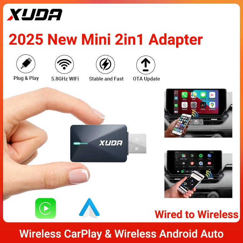 XUDA 2025 Neuer 2-in-1-Wireless-CarPlay- und Android-Auto-Mini-Adapter, 5 GHz, WiFi5, Plug-and-Play, modisch und tragbar Image