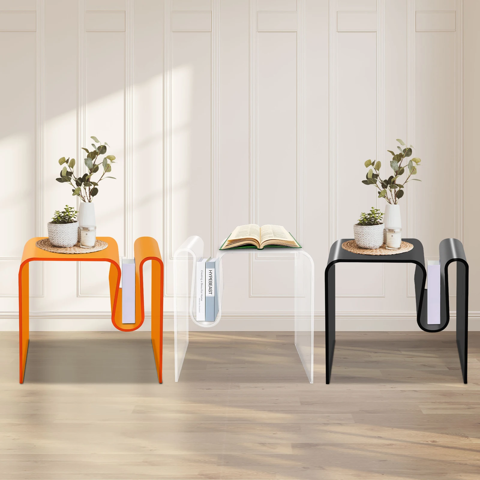 M-förmiger Beistelltisch, Beistelltisch aus Acryl, Nachttisch in Schwarz/Orange/Klar