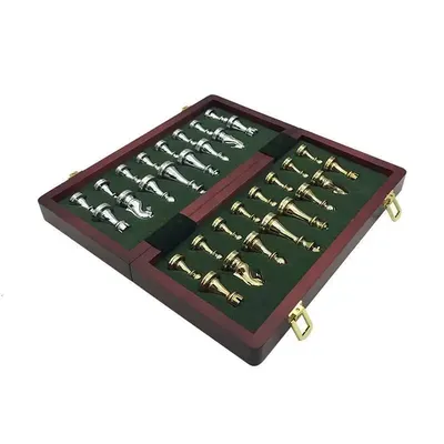 Klappbares Schachbrett aus Holz, 30 cm, Retro-Schachfiguren aus Metalllegierung, Schachspiel-Set, Image