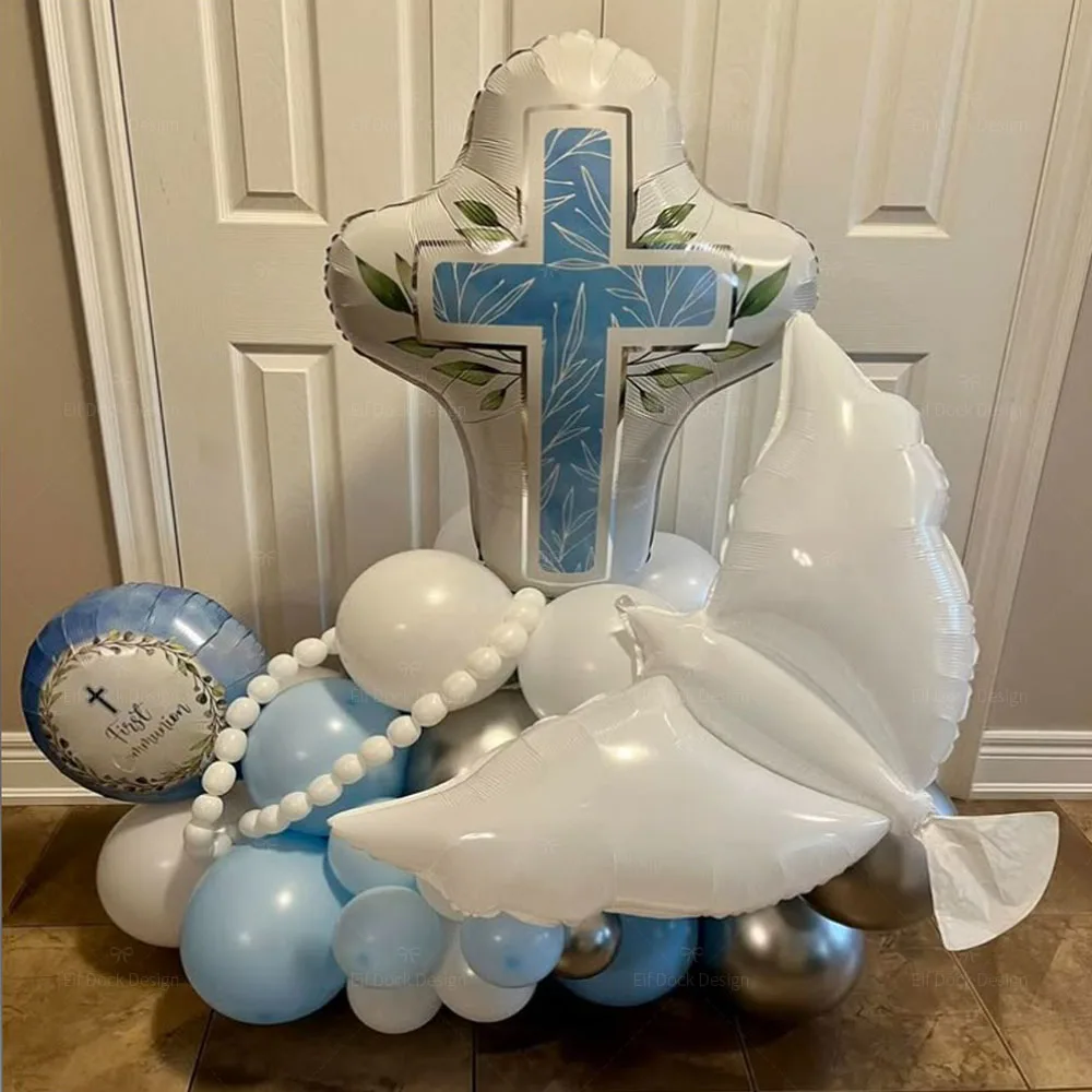 1set Baby Taufe Ballon Kreuz Bad Und Frieden Taube Form Folie Ballon Kommunion Taufe Globos Set Party Dekoration Lieferungen Image