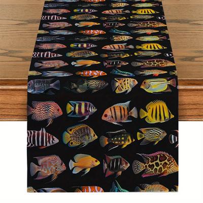 TEMU Tropical Ocean Fish Design Table Runner - 1pcs, Woven Polyester, Decorative Rectangular Tablecloth For Home, Kitchen, Parties, Dining Room Decor, Animal Marine Life Table Flag Image