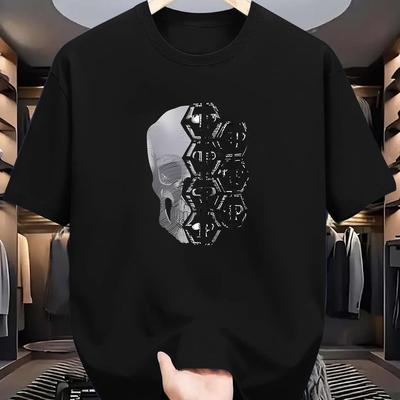 TEMU Men' Blue Geometric Skull Sports T-shirt - Breathable Round Neck Short Sleeve, Machine Washable Regular Fit For Summer Outdoor & Casual Attire, Skull T Shirt Image