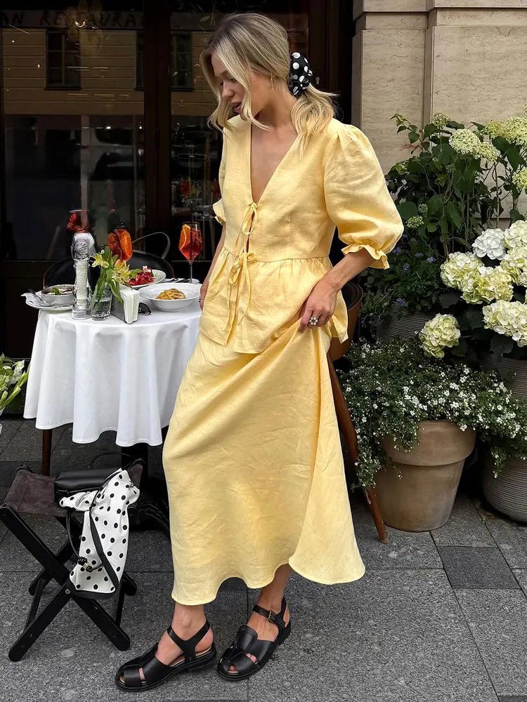 Tossy Sommer-Rüschen-2-teiliges Set Maxirock für Damen, V-Ausschnitt, Schnürung, Kurzarmhemden, Oberteil und schmale, lange Rock-Sets mit hoher Taille Image