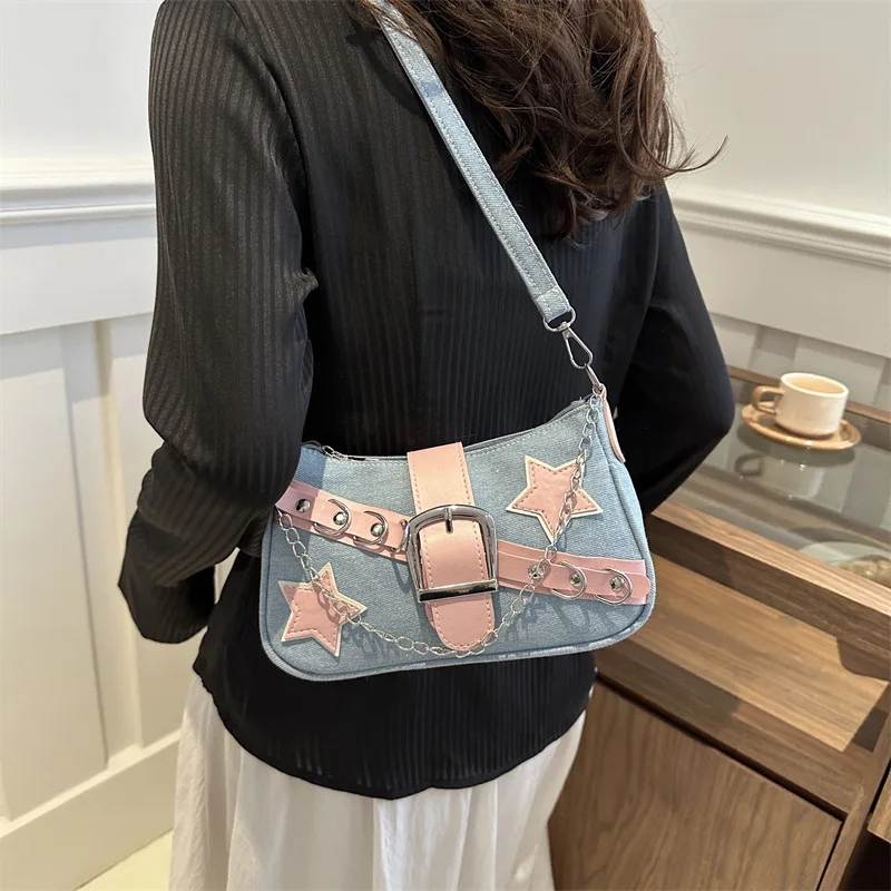 Y2K-Sac à Main en Denim à Rivets Rétro pour Fille, Sous les Bras, Portable, Petite Bourse, pour Femme
