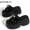 AUTUSPIN 8cm Bling Hausschuhe Sommer Weiße Schuhe Frauen Outdoor Pailletten Tuch Damen Schuhe Hohe