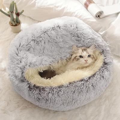 TEMU Plush Round Cozy Cat House & Condo Semi-enclosed Cat Bed Shell For Cats And Small Dogs Supplies Image