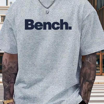 "TEMU Men's Casual Crew Neck T-shirt - "bench" Print, Breathable & Comfortable Summer Tee, Lightweight Fabric, Casual Attire, Summer Tshirt | Trendy Casualwear | Comfortable Fi" Image